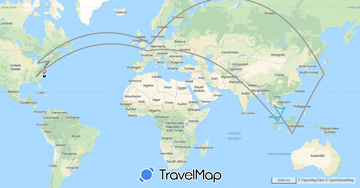 TravelMap itinerary: driving, plane, boat in France, Indonesia, Japan, Malaysia, Netherlands, Singapore, Thailand, United States, Vietnam (Asia, Europe, North America)